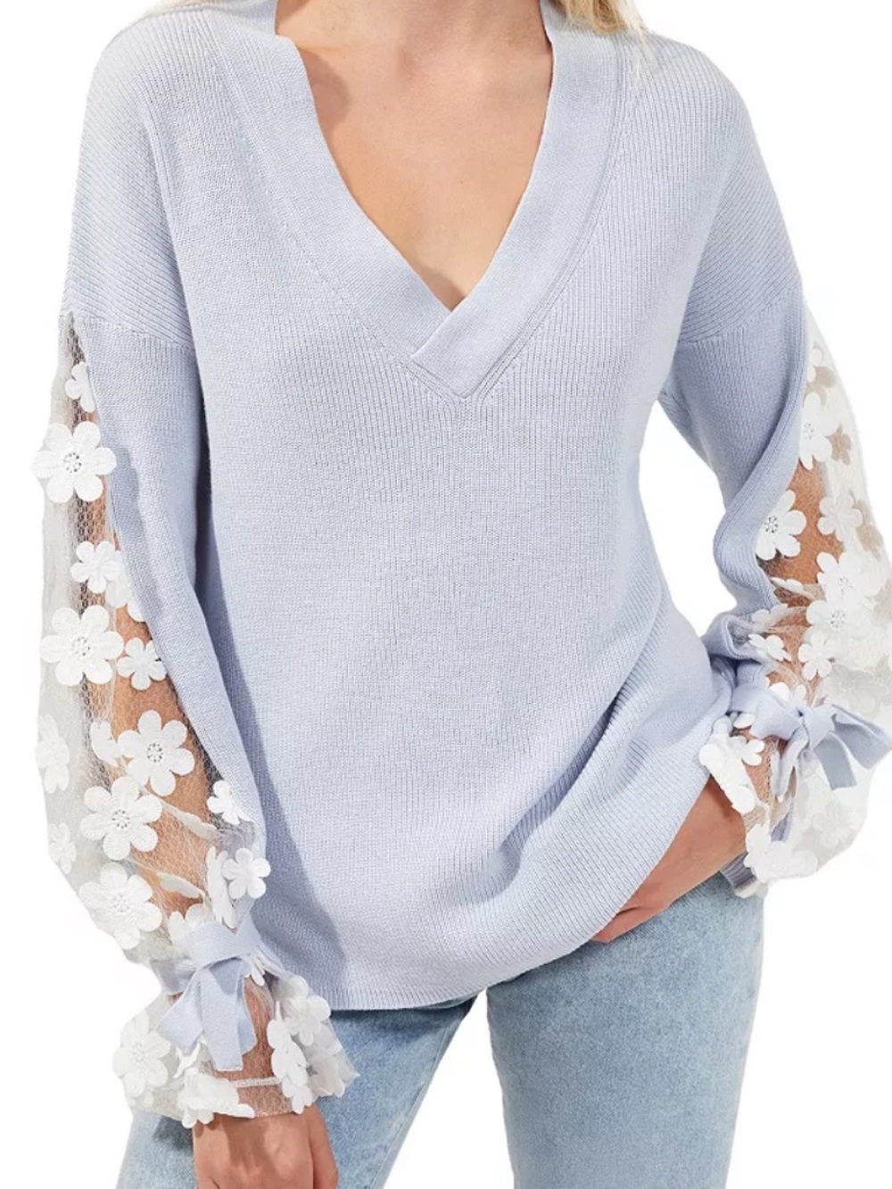 French Connection Pale Blue V-Neck Sweater with Floral Sheer Sleeves